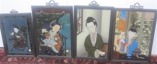 Appraisal: GROUP FOUR ORIENTAL EGLOMISE PANELS Three of ladies in an