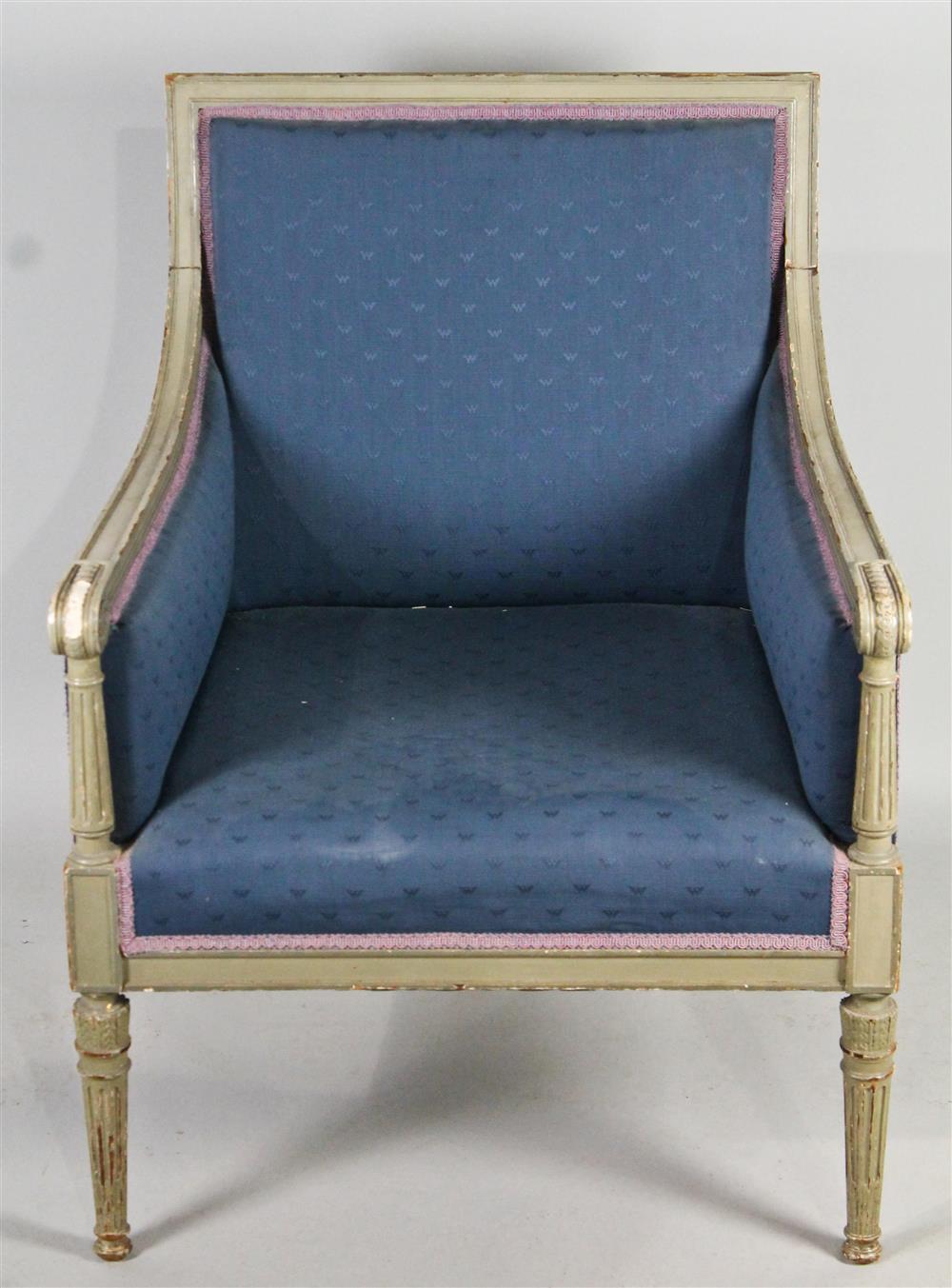 Appraisal: LOUIS XVI STYLE CARVED AND PAINTED BERGERE WITH BLUE UPHOLSTERY