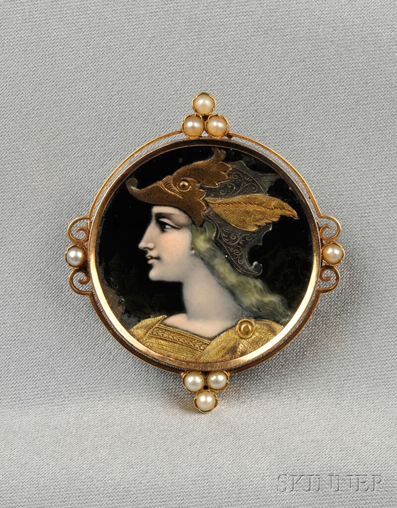 Appraisal: Antique Renaissance Revival Limoges Enamel Brooch depicting a helmeted figure