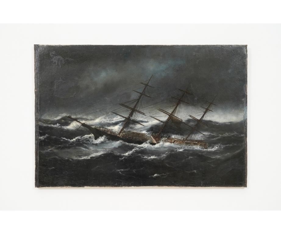 Appraisal: Unframed oil on canvas American clipper ship in rough seas