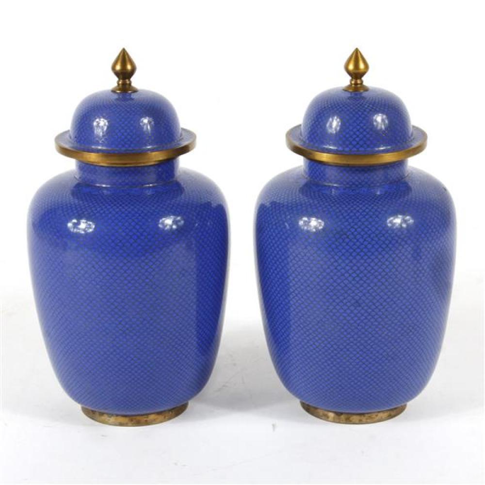 Appraisal: PAIR CHINESE BLUE CLOISONNE URNS JARS WITH LIDS Pair Chinese