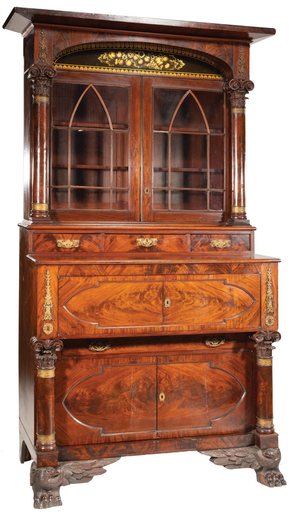 Appraisal: American Late Classical Stenciled and Bronze-Mounted Mahogany Secretary Bookcase th