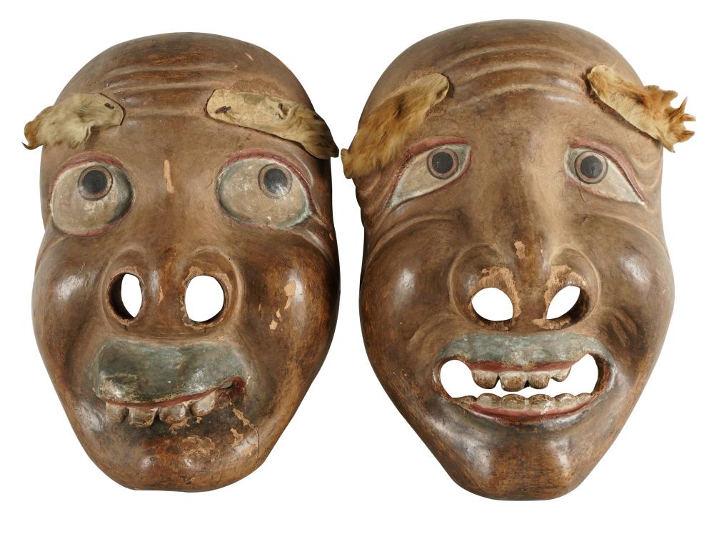 Appraisal: PAIR OF JAPANESE FESTIVAL MASKSpolychrome-painted and carved wood one inscribed