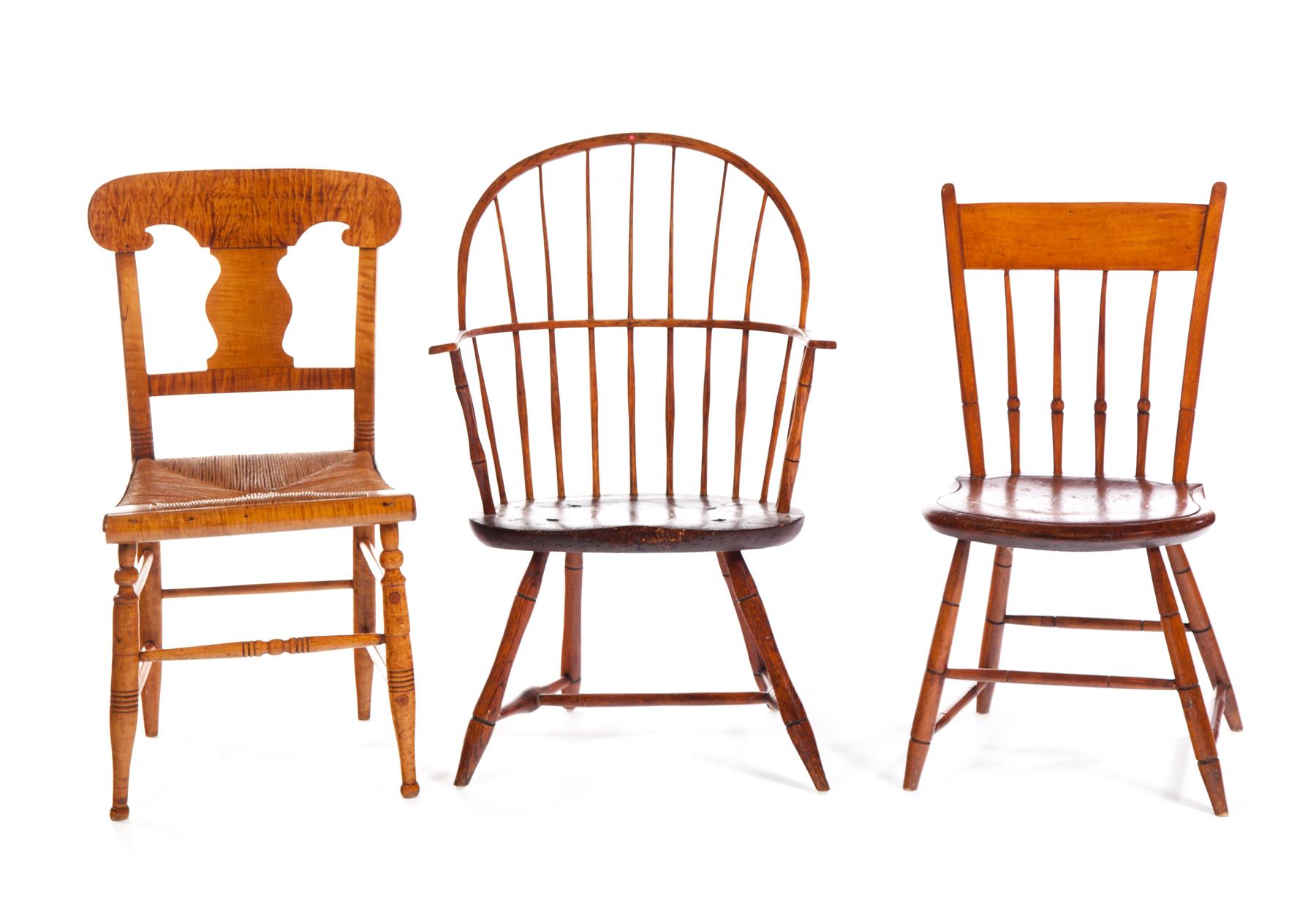 Appraisal: THREE AMERICAN CHAIRS Nineteenth century Curly maple side chair with