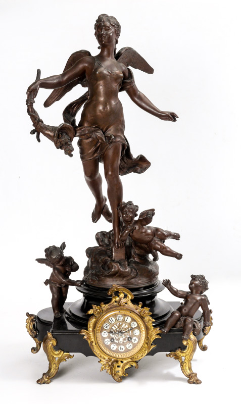 Appraisal: VINCENT D' ARGENT FIGURAL MAIDEN CHERUBS CLOCK Auguste Moreau bronzed