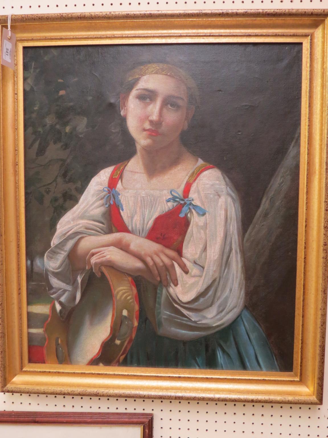 Appraisal: An oil on canvas half-length portrait of a female holding