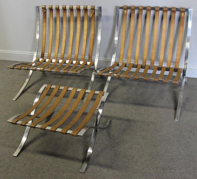 Appraisal: Midcentury Pair of Barcelona Chairs and Ottoman Pair single chrome