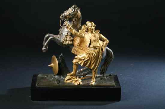 Appraisal: FRENCH PATINATED SILVERED AND GILT-BRONZE EQUESTRIAN GROUP OF A ZOUAVE