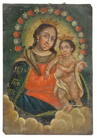 Appraisal: Unframed oil on tin retablo Mexico Nuestra Senora del Refugio