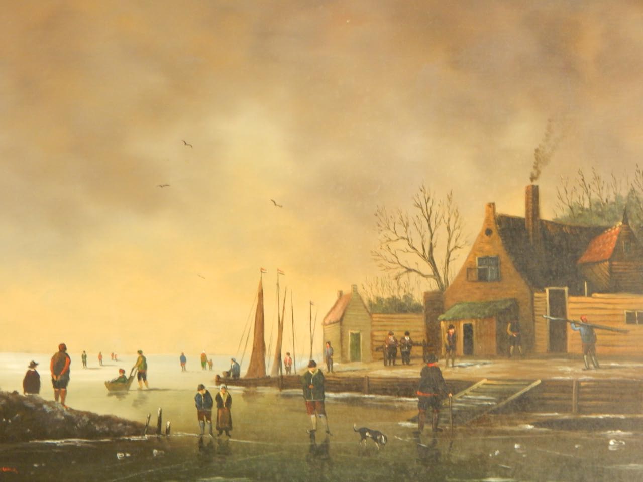 Appraisal: thC Dutch School Skating scene with figures dogs etc oil