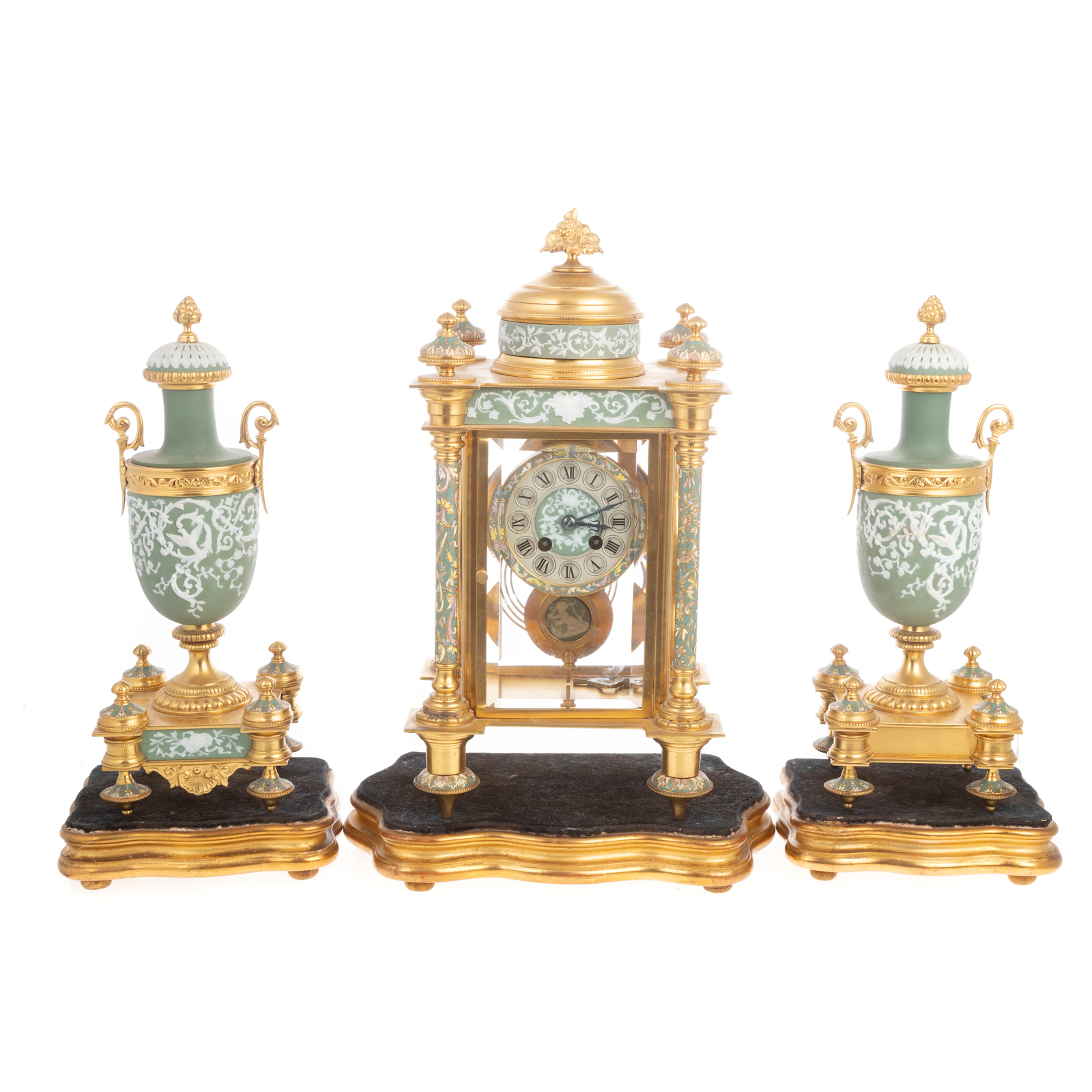 Appraisal: FRENCH GILT BRONZE JASPERWARE CLOCK GARNITURE th century clock with