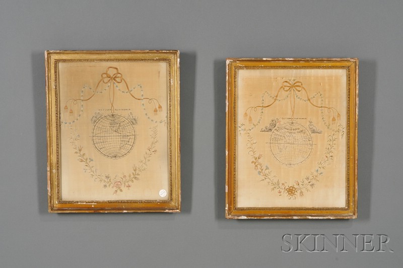 Appraisal: Pair of Framed School Girl Embroideries of the Eastern and