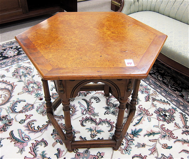 Appraisal: HEXAGONAL WALNUT AND BURL MAPLE LAMP TABLE Berkey Gay Furniture