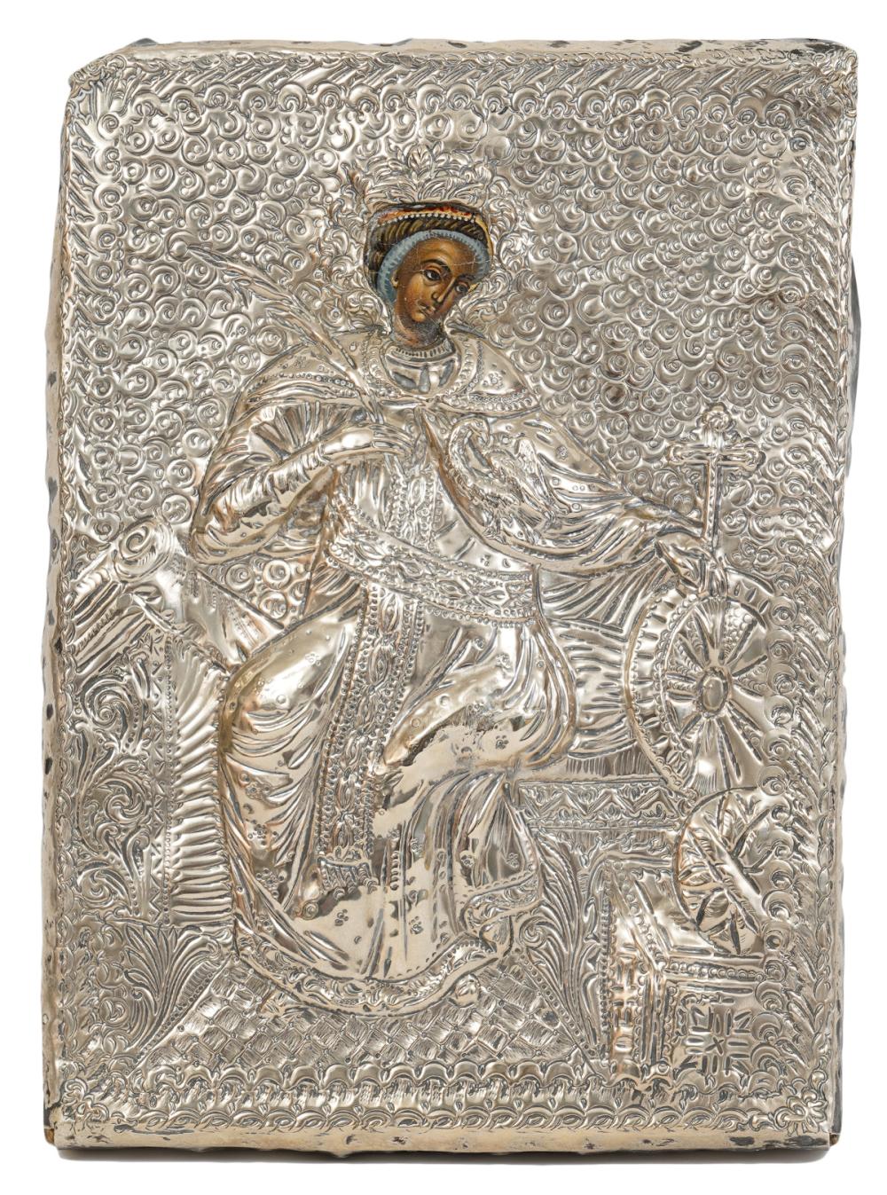 Appraisal: RUSSIAN ICON WITH SILVER RIZARussian icon with silver repousse Riza