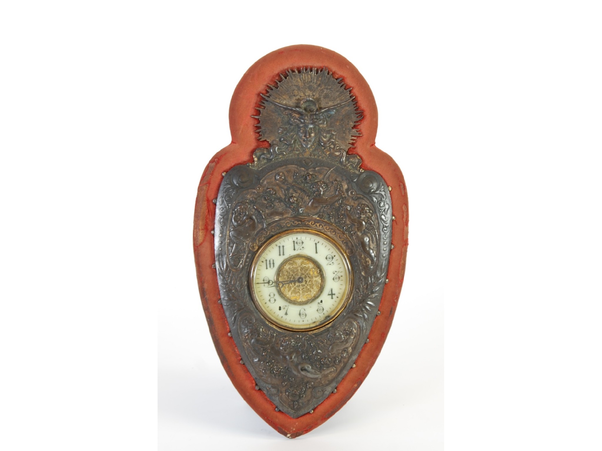 Appraisal: AN UNUSUAL LATE VICTORIAN SHIELD SHAPED OVER MANTEL CLOCK WITH