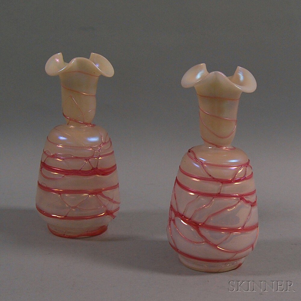 Appraisal: Pair of Threaded Glass Vases each bottle form in opalescent