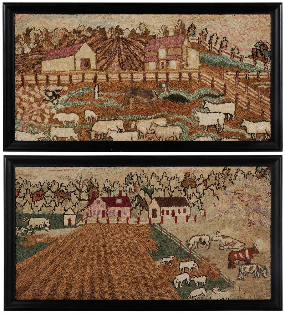 Appraisal: Two Farm Scene Hooked Rugs American early th century barns