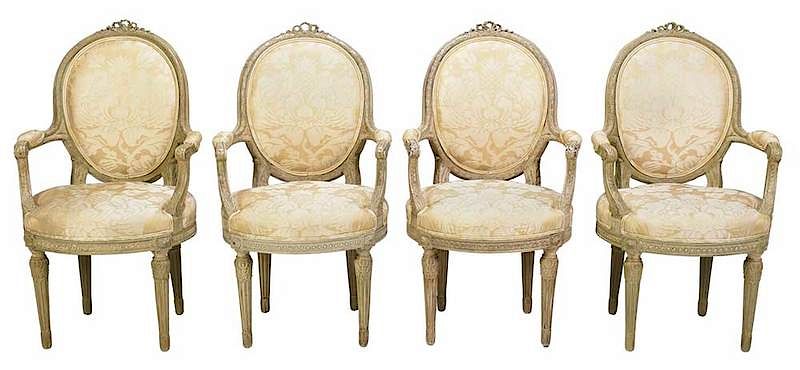 Appraisal: Four Louis XVI Style Upholstered Arm Chairs French th th