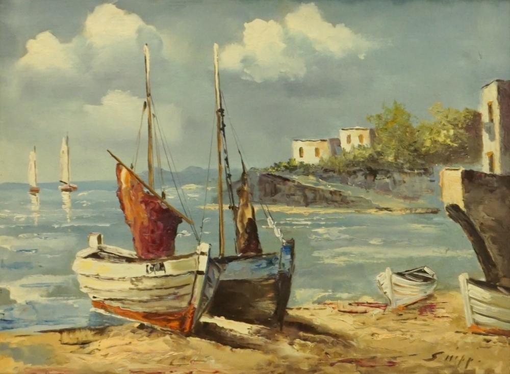 Appraisal: European School th Century Boats on the Shore Oil on