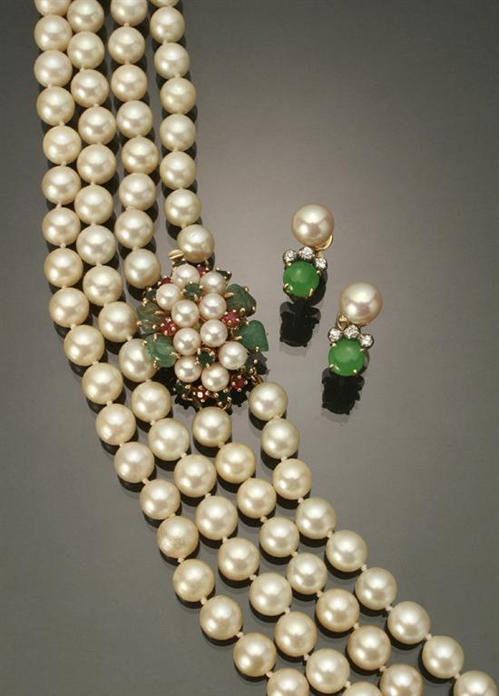 Appraisal: Opera Length -Karat Yellow-Gold Cultured Pearl Ruby Emerald Green Jadeite