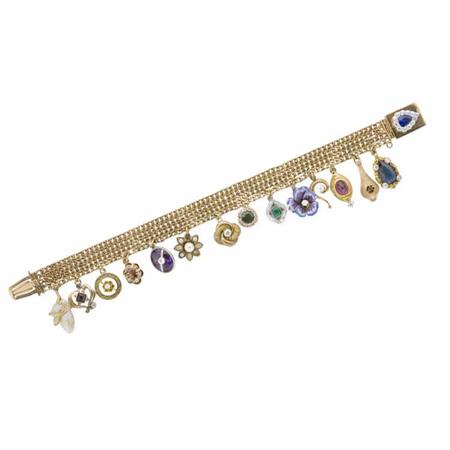 Appraisal: Four Strand Gold Gem-Set and Diamond Charm Bracelet Estimate -