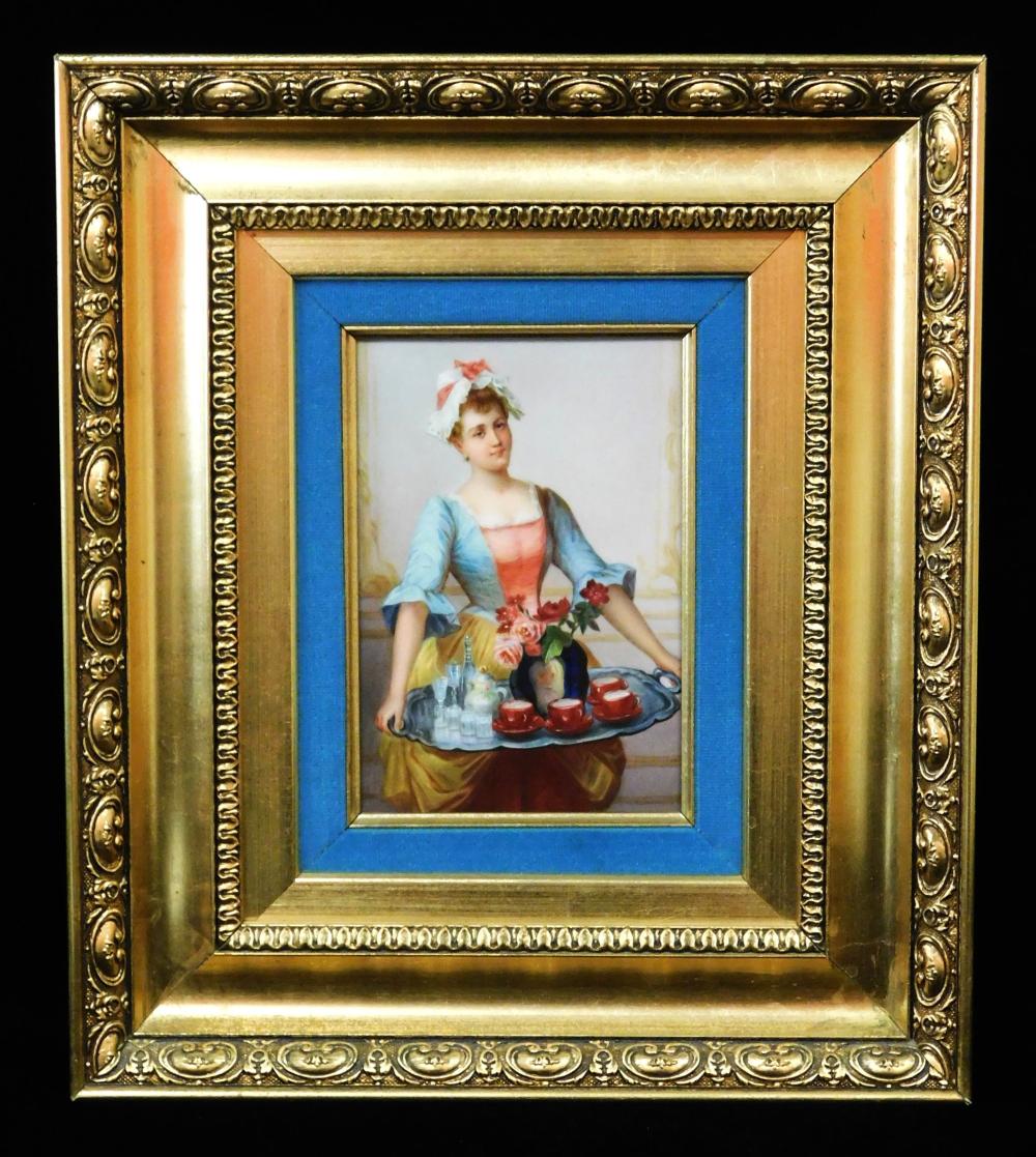 Appraisal: FRAMED PORCELAIN PLAQUE OF WOMAN SERVING DRINKS ON TRAY TH