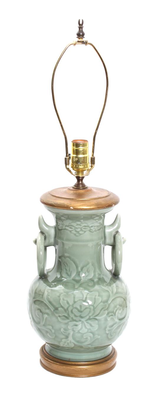 Appraisal: Sale Lot A Celadon Handled Vase mounted as a lamp