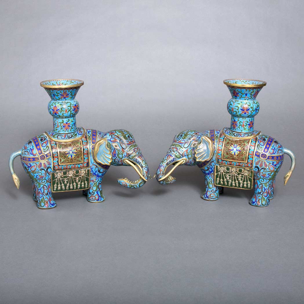 Appraisal: Pair of Chinese Cloisonne Elephant Vases th Century Each standing