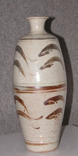 Appraisal: Cylindrical White Bottle Vase with Fish Decoration Leach Bernard Howell