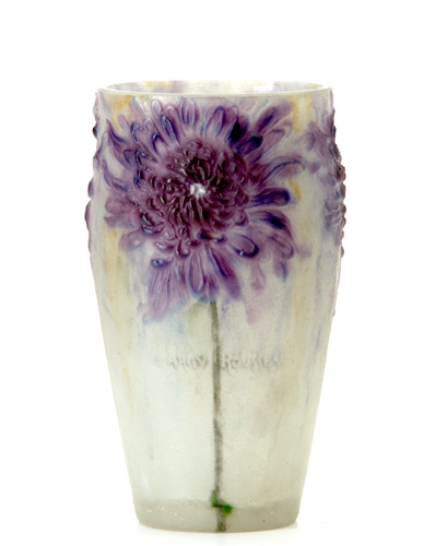 Appraisal: GABRIEL ARGY-ROUSSEAU Pate-de-verre vase patterned with three chrysanthemums in red