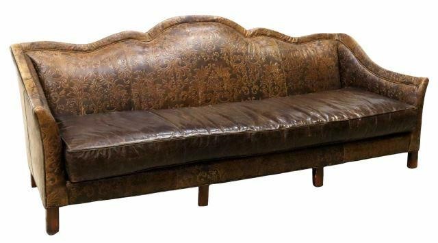 Appraisal: Custom brown leather camelback sofa Old Hickory Tannery late th