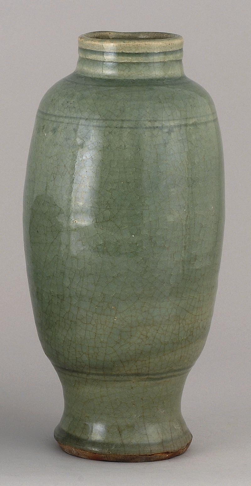 Appraisal: CELADON STONEWARE VASE Ming DynastyIn seed form with banded design