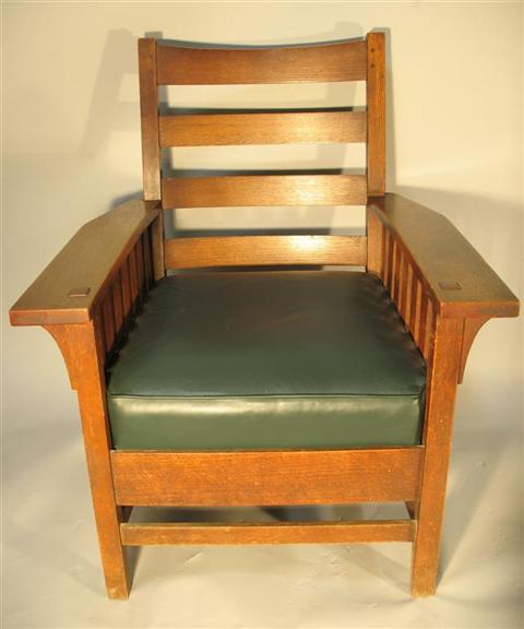 Appraisal: KARPEN FURNITURE MISSION OAK ARM CHAIR Green leather upholstered seat