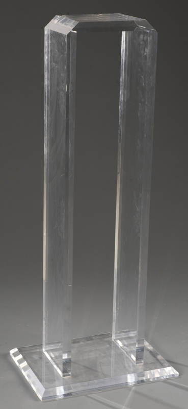 Appraisal: Contemporary acrylic pedestal Clear geometric pedestal with cut edges influenced