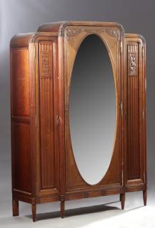 Appraisal: French Art Deco Carved Mahogany Triple Door Armoir French Art