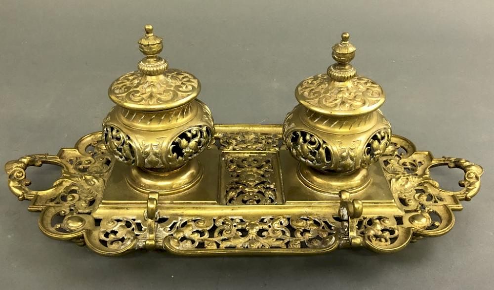 Appraisal: Victorian Brass Double Inkwell Victorian brass double inkwell late th