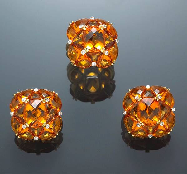 Appraisal: A citrine and diamond jewelry set comprising a ring and