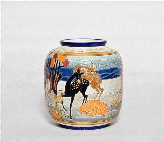 Appraisal: LONGWY VASE circa Polychrome crackle glazed fa ence Signed Longwy