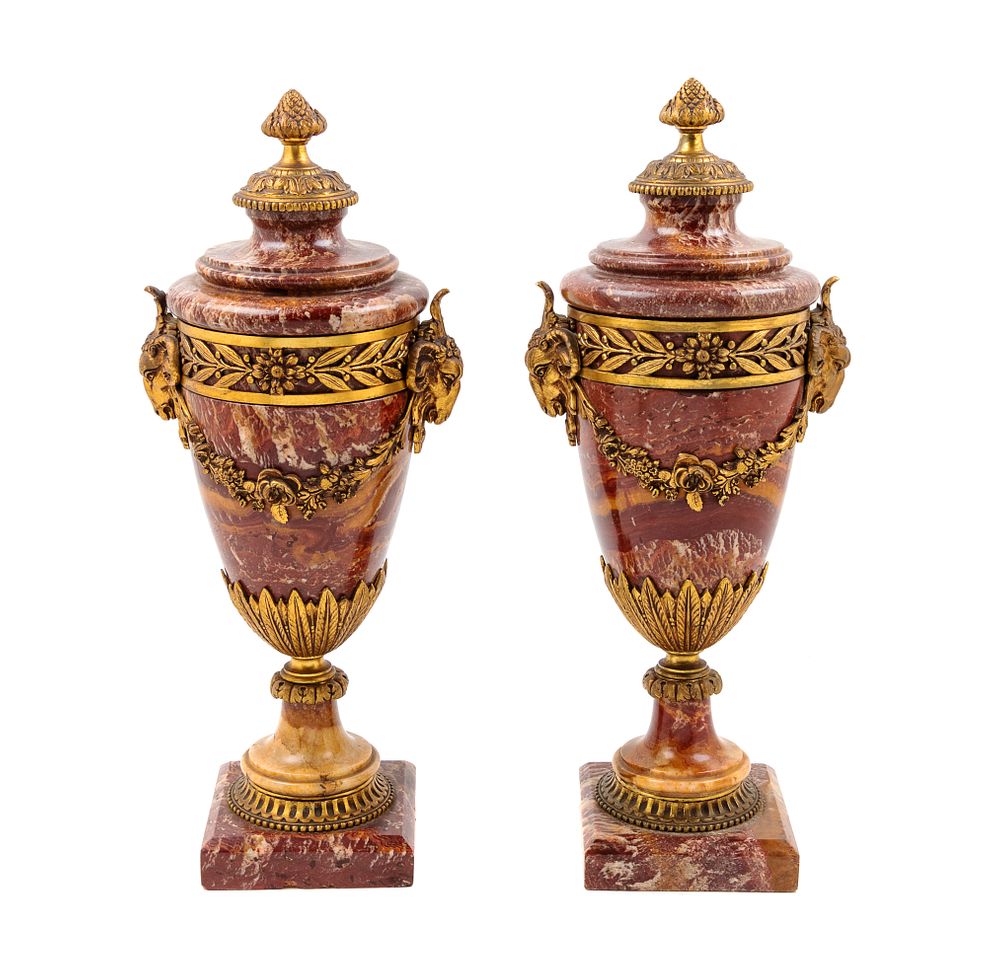 Appraisal: A Pair of Neoclassical Gilt Bronze Mounted Marble Urns A