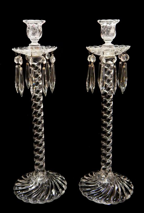 Appraisal: GLASS Pair of Baccarat type candle holders barley-twist standard resting