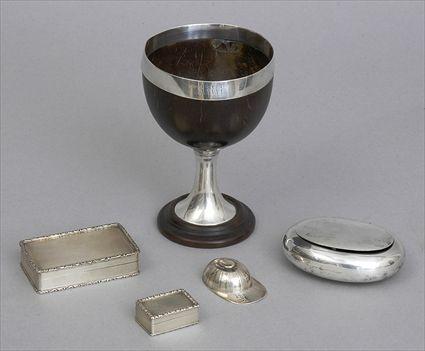 Appraisal: THREE ENGLISH SILVER BOXES A JOCKEY CAP MEASURE AND A