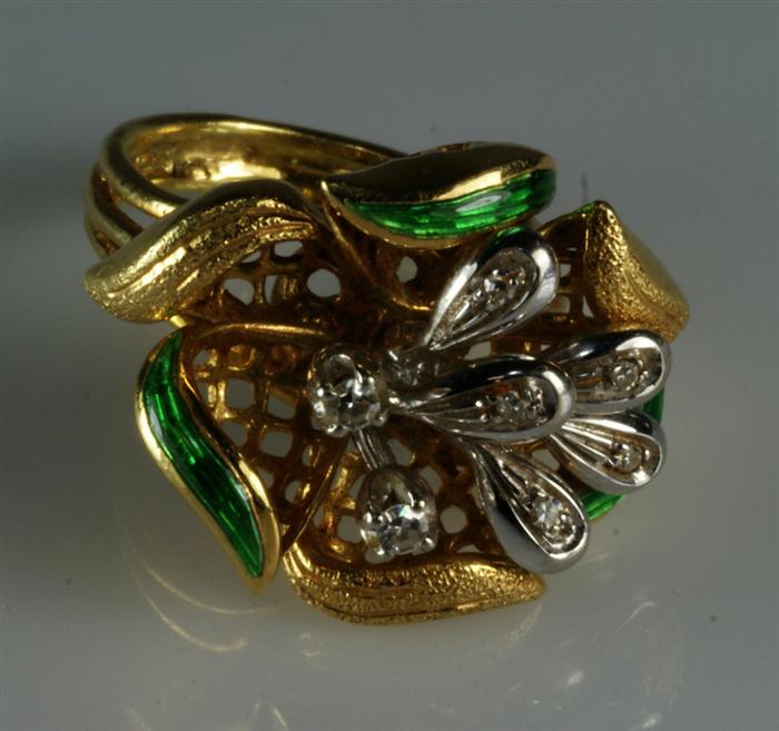 Appraisal: K YG diamond enamel ladies ring size dwt Estimate -