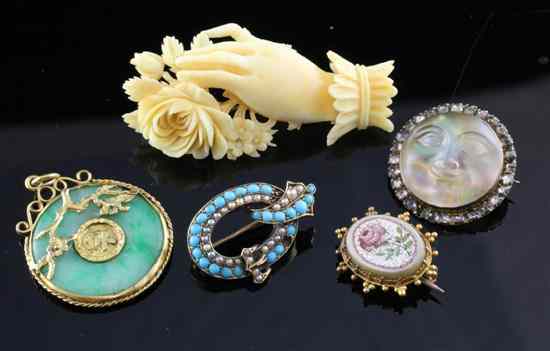 Appraisal: A Chinese gold mounted jade pendant ins a turquoise and