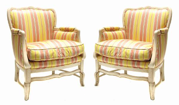 Appraisal: A pair of Louis XV style paint decorated upholstered bergeres