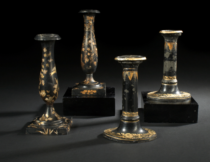 Appraisal: Near-Pair of French Black Pale Gold and White Tole-Peinte Candlesticks