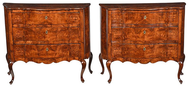 Appraisal: Pair Venetian Style Inlaid Burlwood Commodes th century each with