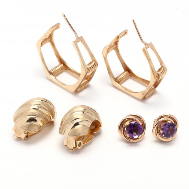 Appraisal: THREE PAIRS OF GOLD EARRINGS To include a pair of