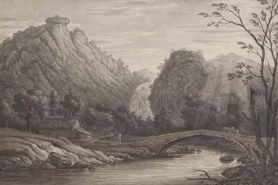 Appraisal: th century English School Lodore waterfall Cumbria monochrome watercolour on