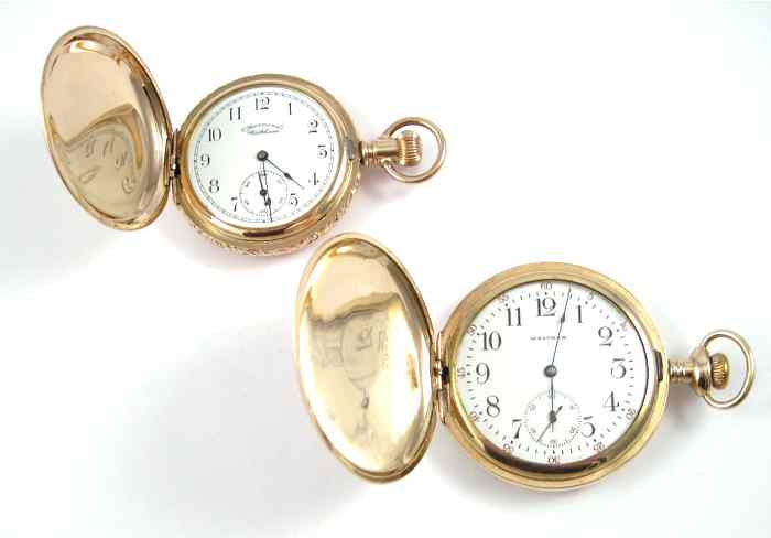 Appraisal: TWO AMERICAN WALTHAM FANCY HUNTER CASE POCKET WATCHES A model