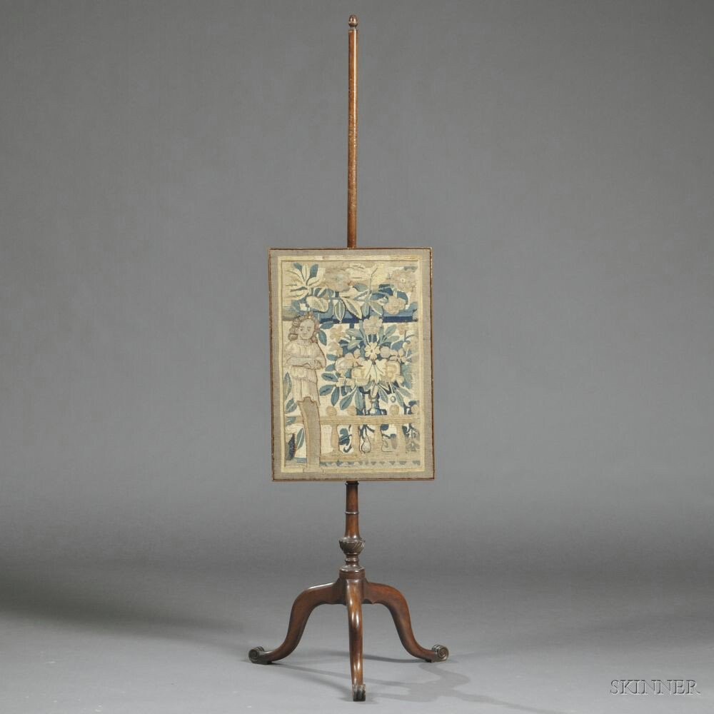 Appraisal: Georgian-style Mahogany Pole Screen with Flemish Verdure Tapestry Fragment stand